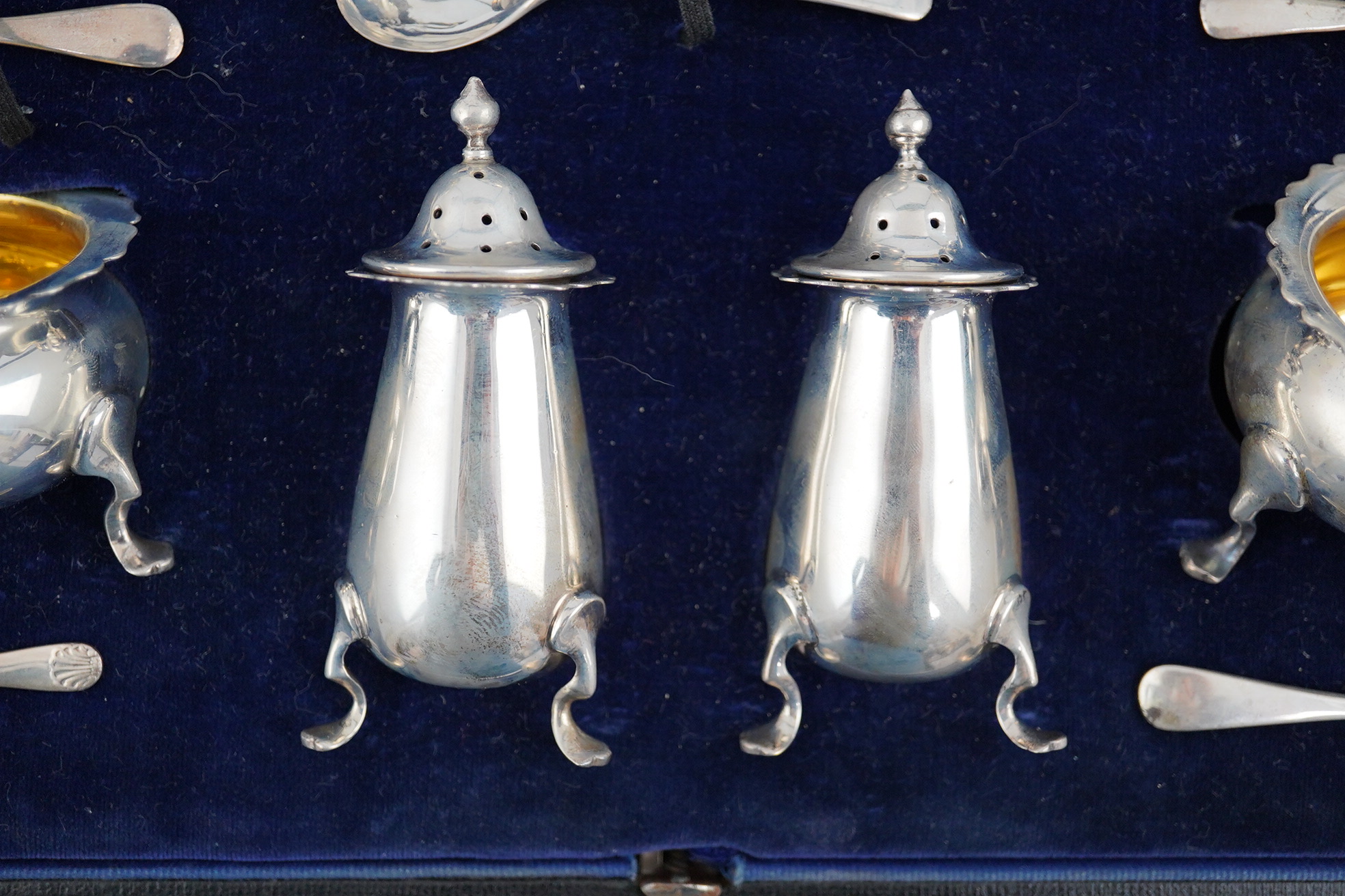 A George V cased silver seven piece condiment set by Horace Woodward & Co Ltd